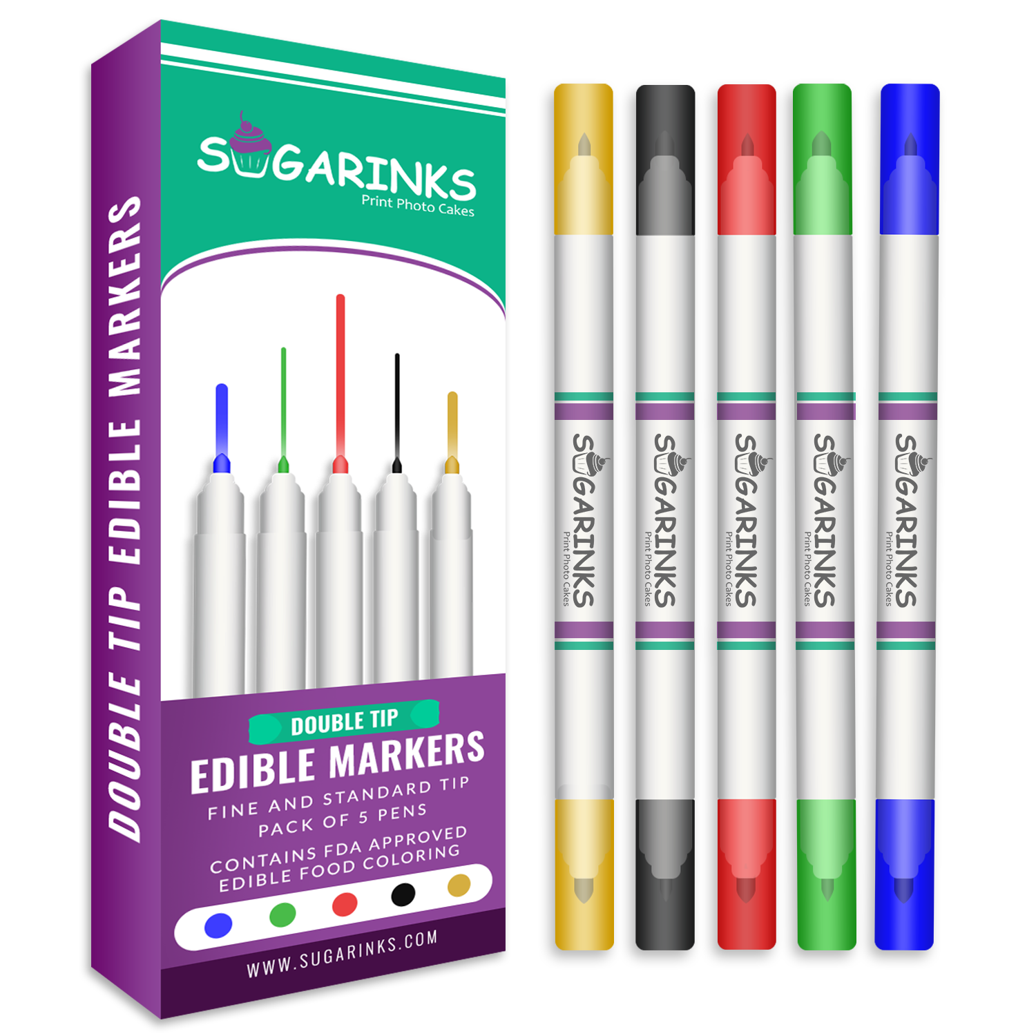 Sugarinks Edible Ink Marker Double Tip (Standard and Fine) Pack of 5 for Cake, Cookie, and Cupcake Art Edible Pen Set - Black, Green, Yellow, Blue and Red