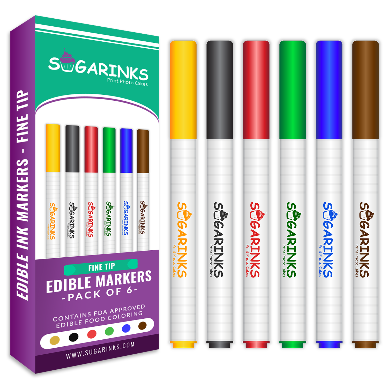 Sugarinks Edible Ink Pen Fine Tip Pack of 6 for Cake, Cookie, and Cupcake Edible Art -  Black, Green, Yellow, Blue, Brown, and Red