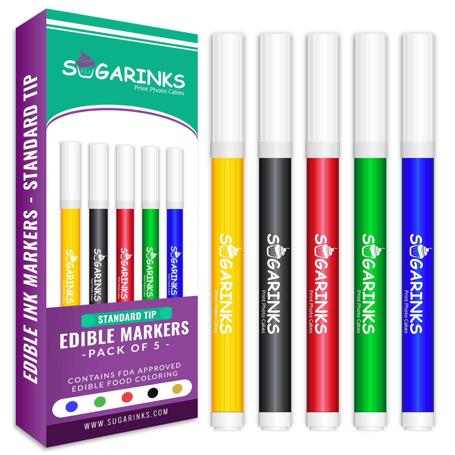 Sugarinks Edible Ink Pen Standard Tip Pack of 5 for Cake, Cookie, and Cupcake Edible Art -  Black, Green, Yellow, Blue and Red 