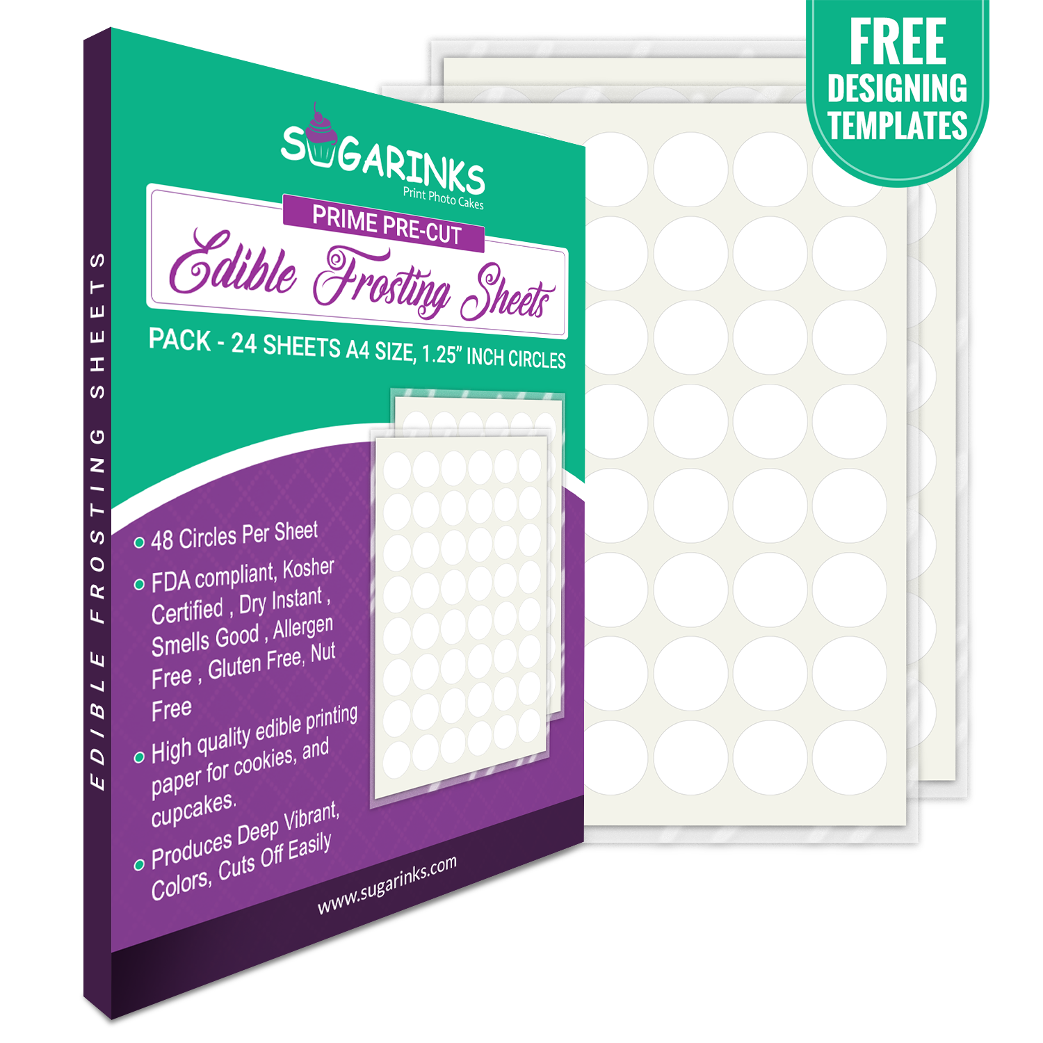Sugarinks Premium Quality Pre-Cut Circles Frosting Sheets (1.25 inches, 48 Circles) - A4 Size, Pack of 24