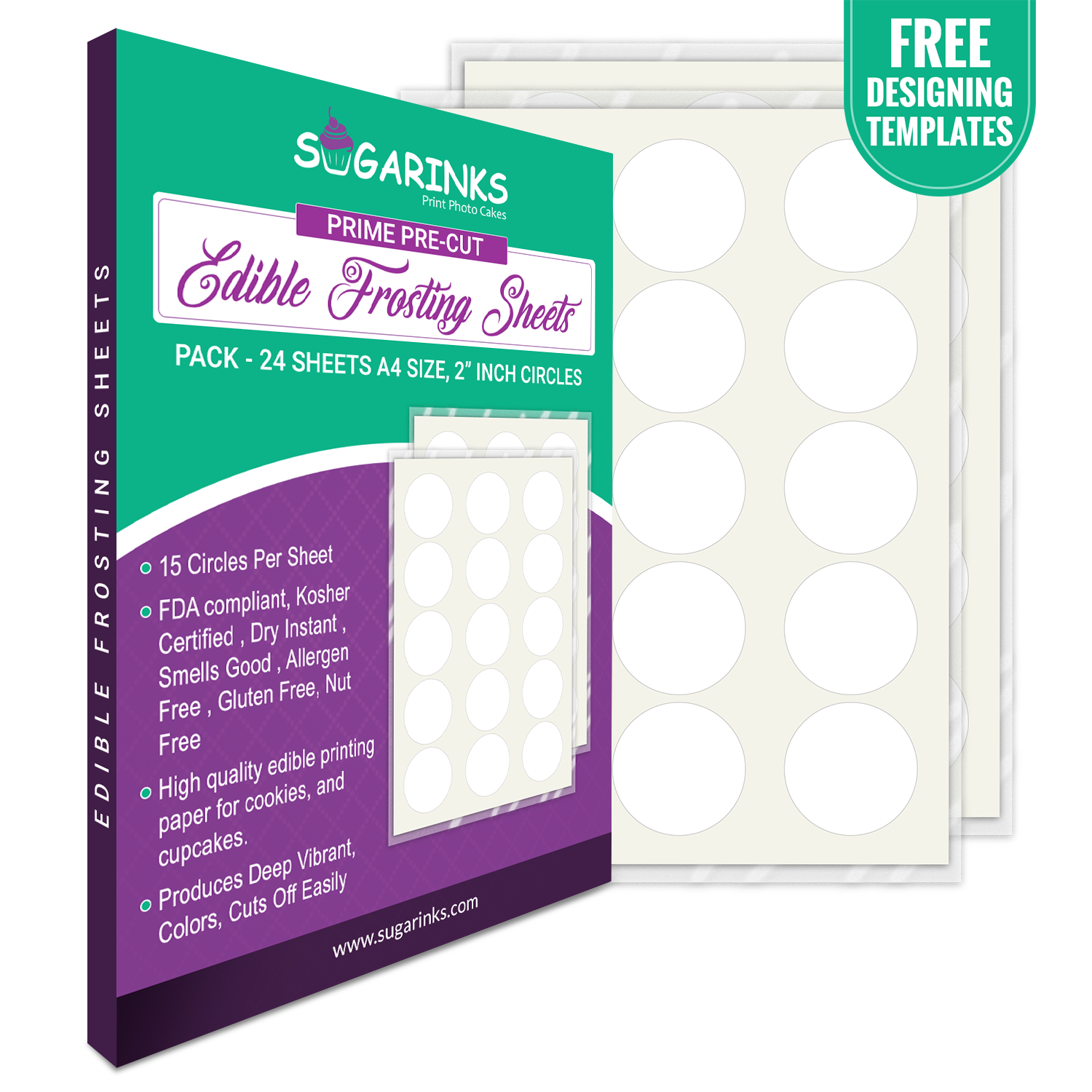 Sugarinks Premium Quality Pre-Cut Circles Frosting Sheets (2 inches, 15 Circles) - A4 Size, Pack of 24
