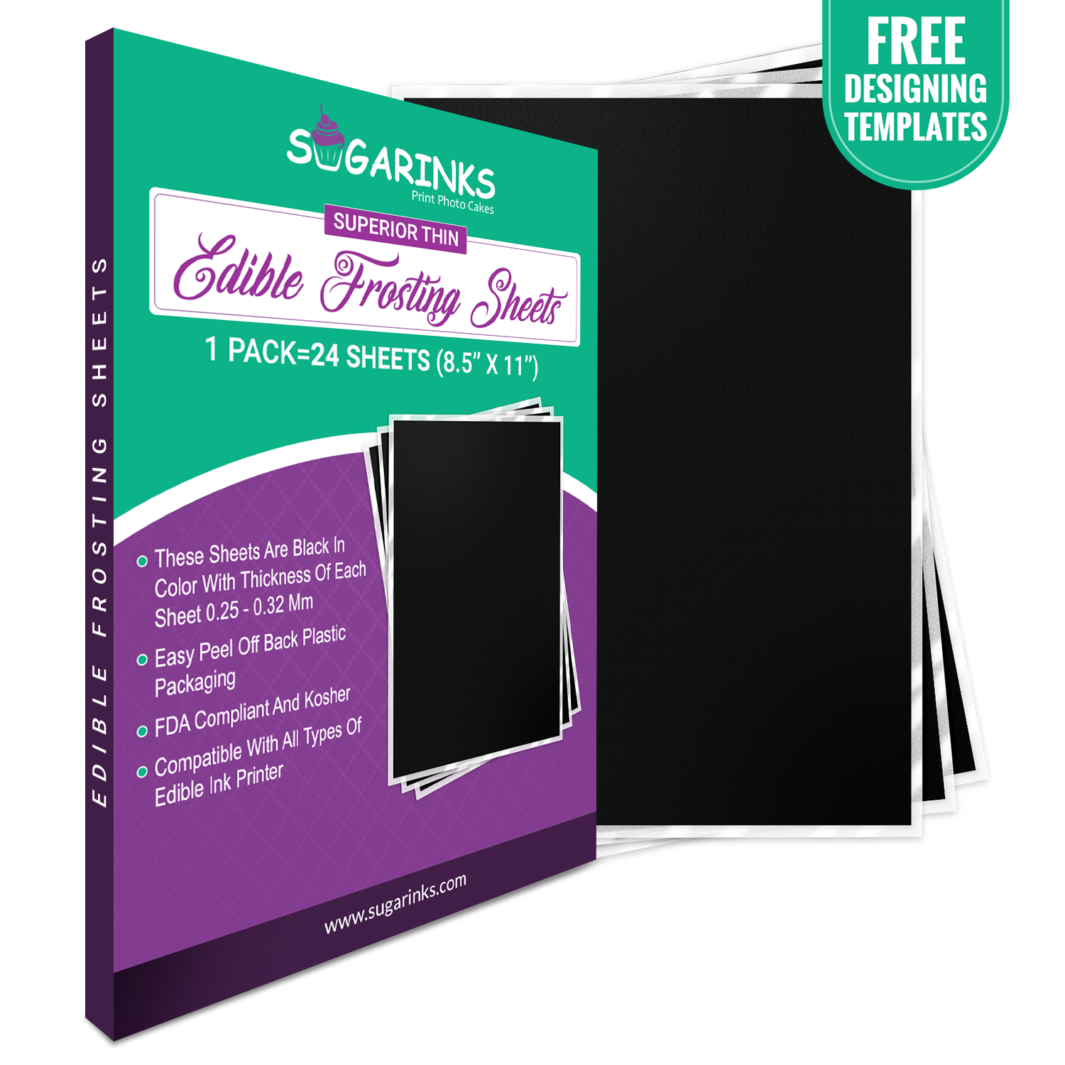 Sugarinks Premium Quality Superior Thin Black Frosting Sheets A4 Size (8.5”X11”) Pack of 24