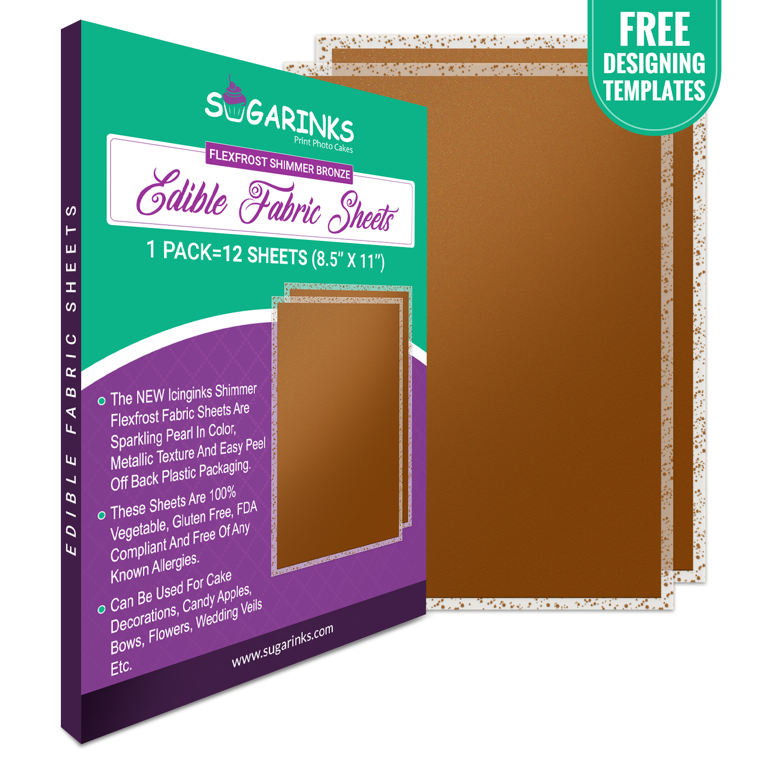 Sugarinks Premium Quality Flexfrost Shimmer Edible Fabric Sheets A4 Size (8.5”X11”) Pack of 12 – Sparkling Bronze