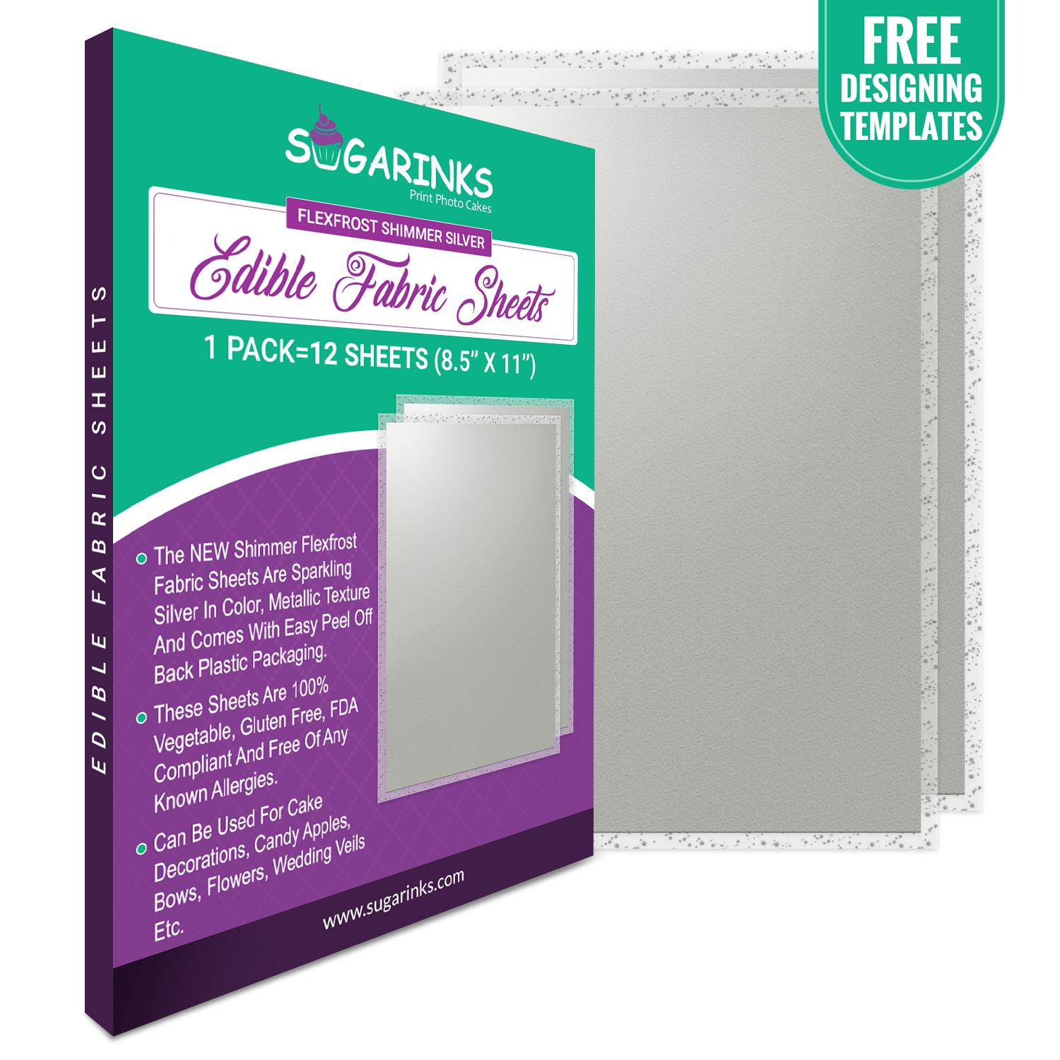 Sugarinks Premium Quality Flexfrost Shimmer Edible Fabric Sheets A4 Size (8.5”X11”) Pack of 12 – Sparkling Silver