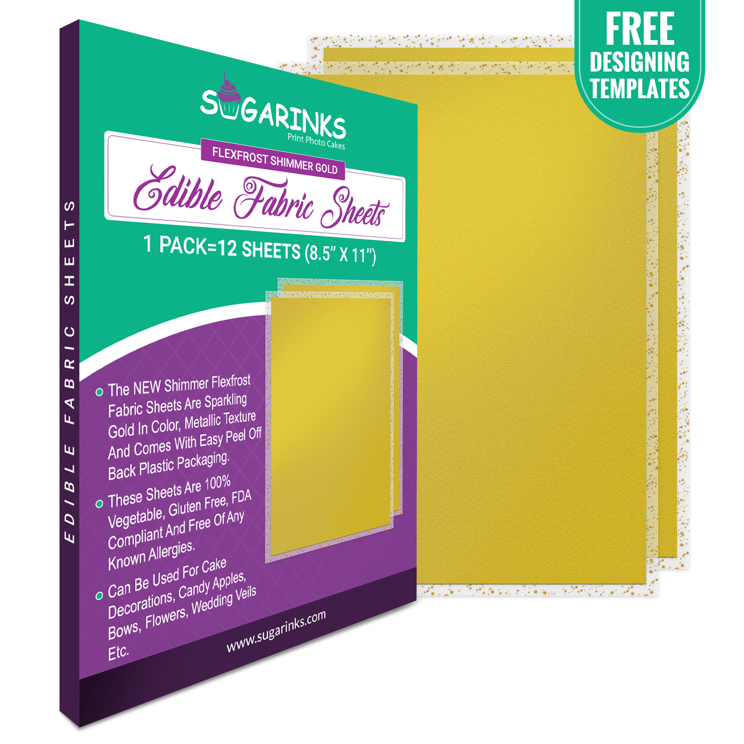 Sugarinks Premium Quality Flexfrost Shimmer Edible Fabric Sheets A4 Size (8.5”X11”) Pack of 12 – Sparkling Gold