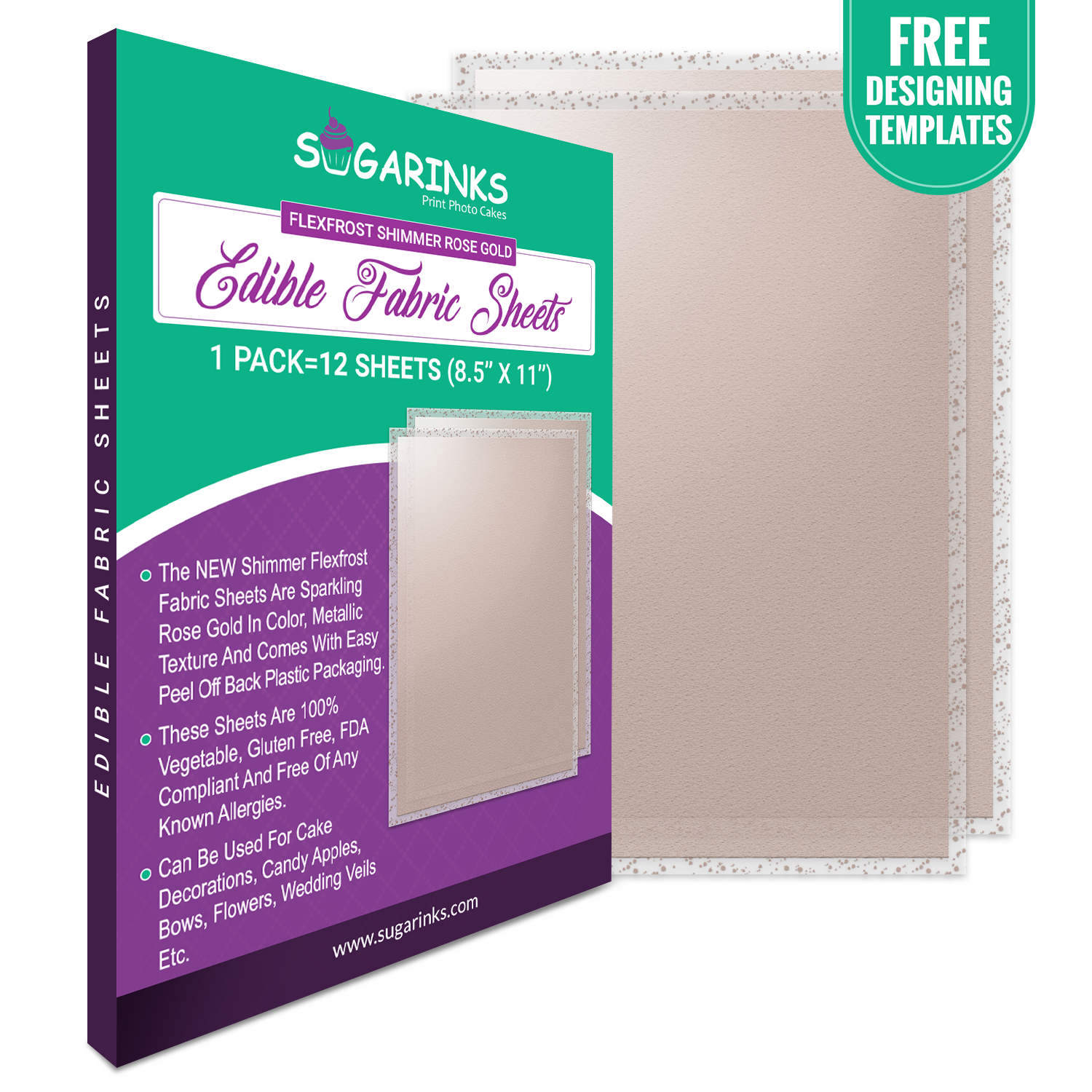 Sugarinks Premium Quality Flexfrost Shimmer Edible Fabric Sheets A4 Size (8.5”X11”) Pack of 12 – Sparkling Rose Gold