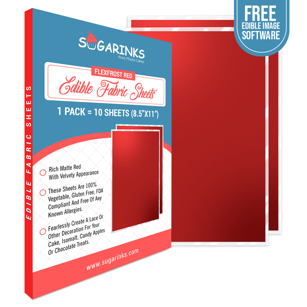 Sugarinks Premium Quality Flexfrost Edible Fabric Sheets A4 Size (8.5”X11”) Pack of 10 - RED