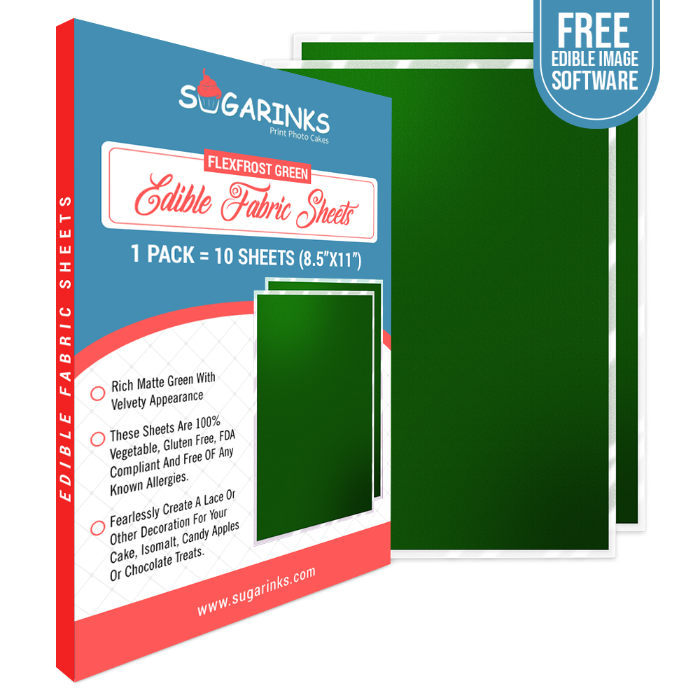 Sugarinks GREEN Flexfrost Edible Fabric Sheets (8.5" X 11") Pack - 10 sheets A4 size GREEN COLOR